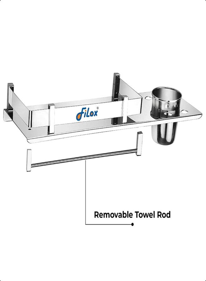 Filox Stainless Steel 3 in 1 Multipurpose Bathroom Shelf Rack | Wall Mounted Towel Hanger | Tumbler Holder, Toothbrush Holder | Bathroom Accessories Set for Home, Wash Basin & Toilet - Image 2
